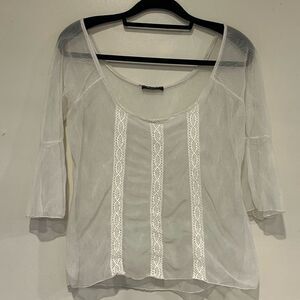 Cream Sheer 3/4 Sleeve Blouse with Crochet Detail
